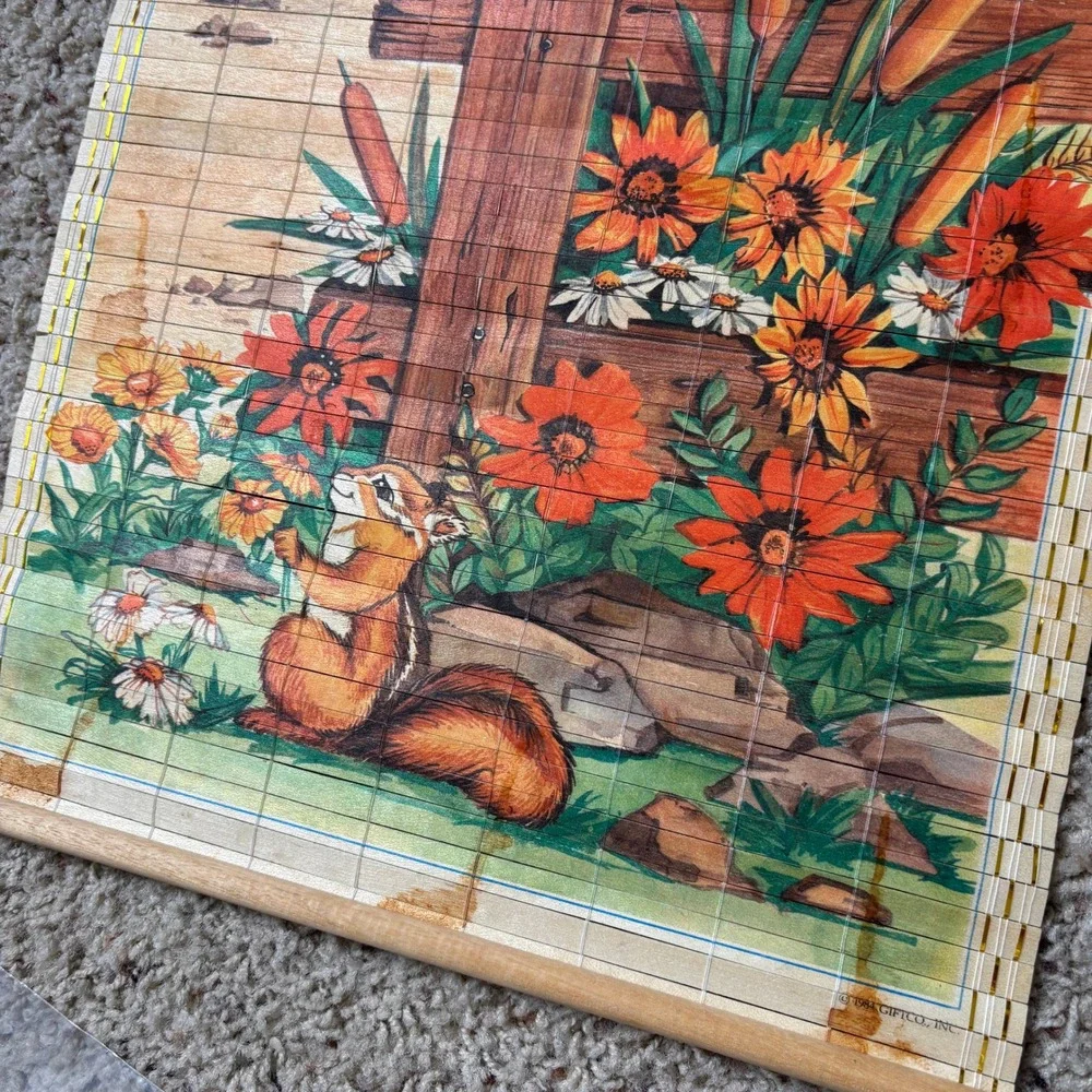 VTG 80s Bamboo Wood Slat Decor Mailbox Rainbow Squirrel Cottage Core Farm Kitsch